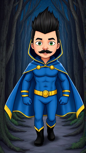 Dramatic cartoon scene: A preteen 12-year old boy with light skin and freckles on his cheeks named Kyle Lipton, but transformed into a superhero named Dr. Dimensionpants, who, despite still being a kid, has an extremely muscular body. He wears a tight blue hood outlined by a yellow line, with a smooth, slicked back black mohawk on top. He also wears a sleek blue bodysuit outlined with yellow lines on the cuffs of the sleeves and pants, a golden belt with a circular buckle, black boots, and a really big, toe-length, ultra-wide blue cape with a really big collar outlined with yellow lines wreathed around his neck held up by a golden button. The pupils in his eyes are green, and he has a black twin moustache. He also has incredible, invincible, and cosmic superpowers flowing through his veins. He is currently walking through the forest of a dark and mysterious dimension under an eternal night, searching for a way to escape.