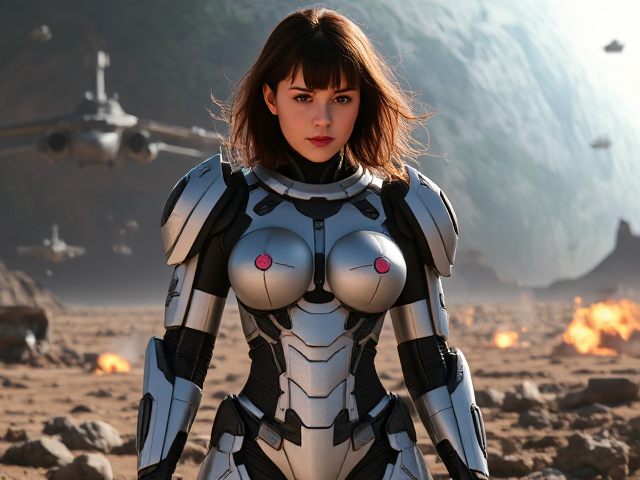 25 year old Goth Girl in robotic battle suit on a planet, spacecrafts and battleships in background, shiny translucent planet, explosions on battlefield, hyper realistic, 4K