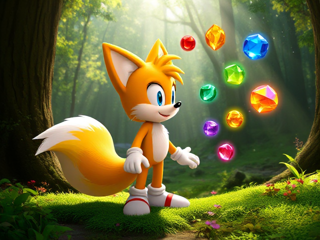 Miles Tails Prower, the two-tailed anthropomorphic fox from the Sonic the Hedgehog video game series, standing in a lush forest with beams of sunlight filtering through the trees. He is staring in awe at 7 floating rainbow-colored chaos emeralds surrounding him. Tails' orange fur is transforming into a shimmering golden yellow while his blue pupils turn an intense red. The forest floor is covered with vibrant green moss and colorful flowers. The sunlight creates a magical ambiance with sparkling particles in the air, adding an ethereal glow to the scene