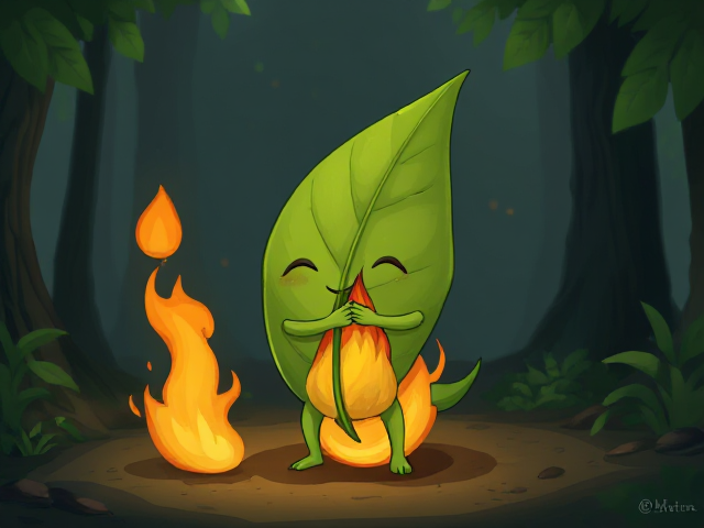 Leaf with two arms and two legs hugging with a fire with two arms and two legs