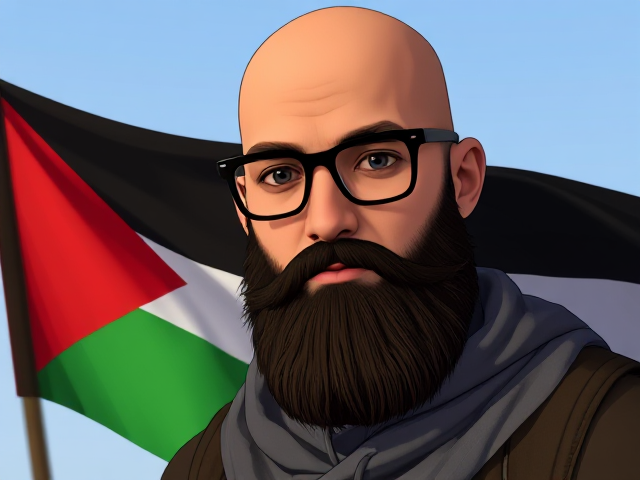 A young bald Muslim man with a bushy beard and black-framed eyeglasses holding a Palestinian Flag. Image in the art style of the video game Until Dawn.