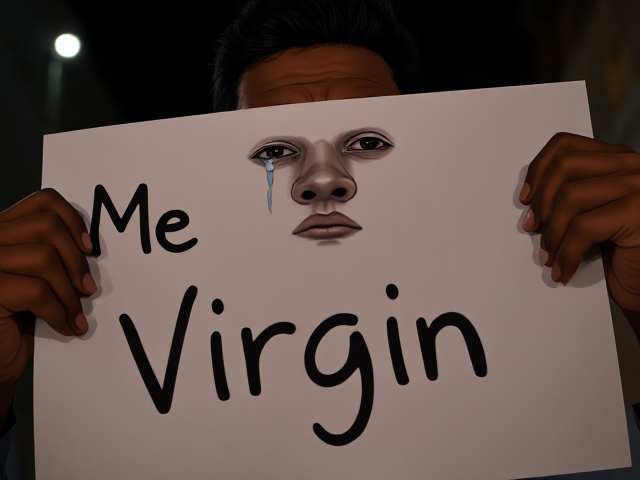 a brown skin man crying holding up a sign that reads "Me Virgin".
He is handsome and devastated