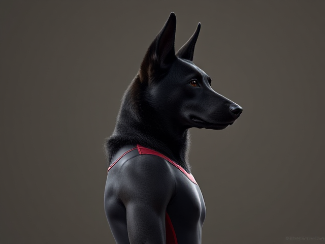 A anthropomorphic black German shepherd Olympic gymnast wearing a leotard