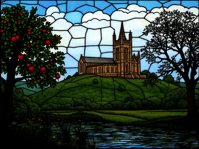 A medieval stained glass of a medieval Abbey on Glastonbury Tor surrounded by an apple orchard and a foggy swamp with fireflies.