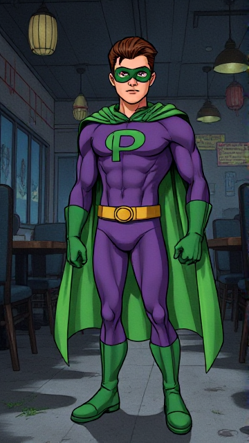 Dramatic Comic Book Cartoon scene: A young, Autistic 25-year old boy with light skin and flat, smooth, and slick brown hair with a singular curled bang in the shape of a P sticking out at the front named T.J. Granger, but transformed into a genetically-altered superhero named Powerman, who, despite still being a young adult kid, has an extremely muscular body. He wears a sleek purple bodysuit with a green P symbol on his chest, a golden belt with a circular buckle, green briefs, green boots, green long-cuffed gloves, a really big, toe-length long, ultra-wide green cape wreathed around his neck, and a green eye mask that protects his true identity. He also has incredible and invincible superpowers flowing through his veins. In this scene, Powerman is currently standing in a dark, abandoned restaurant at night by himself, intently awaiting the arrival of someone he knows.