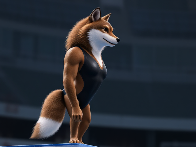 A anthropomorphic wolf Olympic diver, wearing a high cut one piece swimsuit, standing on a springboard