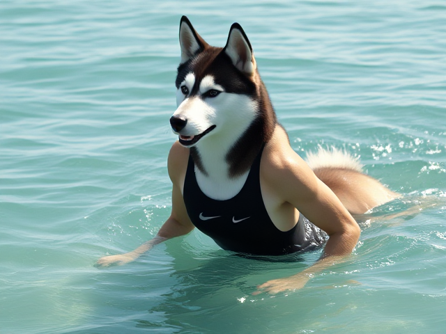 A tall anthropomorphic Siberian husky with a long torso and broad shoulders, wearing a high cut Nike one piece swimsuit while swimming in the ocean