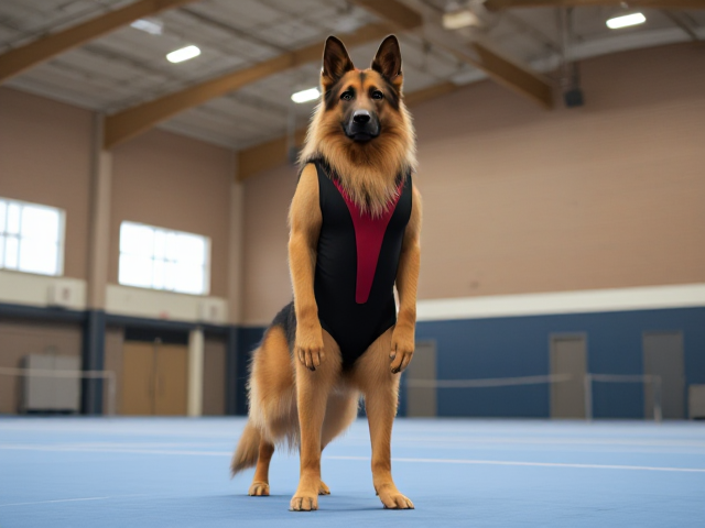 A anthropomorphic long haired German shepherd stands tall wearing a gymnastics leotard in a gymnasium