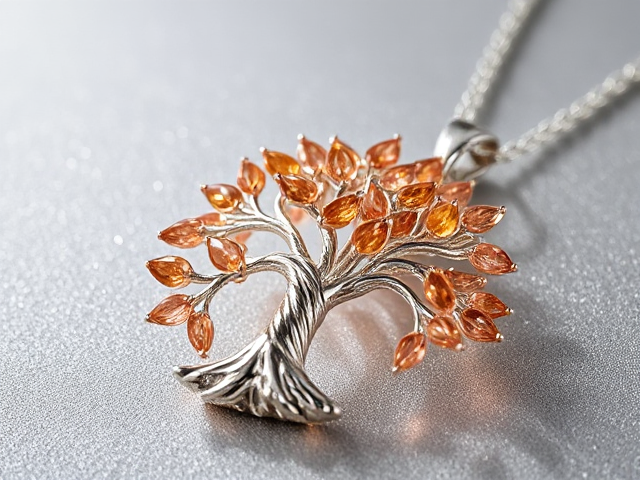 realistic peach tourmaline tree pendant necklace; intricately crafted with exquisite detail; shimmering silver surface;  the trunk and branches are made from blue quartz and amber, creating strokes along the wood; dazzling rose gold diamonds elegantly set as leaves glistening in light; sophisticated and luxurious design; soft ambient lighting highlighting every aspect of craftsmanship; macro focus capturing every facet and sparkle in high resolution; elegant branches extending gracefully from the trunk with meticulous precision