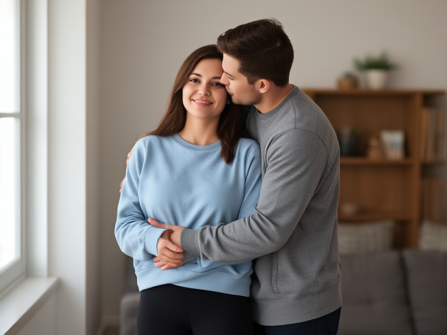 Brunette wearing a light blue sweatshirt and black yoga pants calm ad her husband hugs her and kisses her