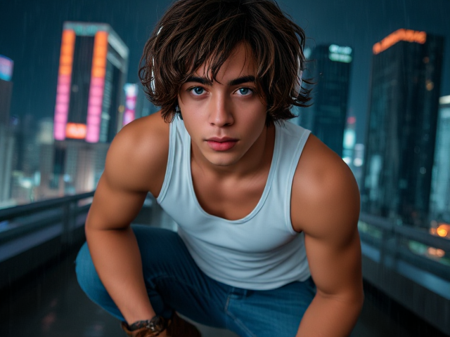 Sceencap of a Maori, European, 18 year old male, fit bodytyoe, with greyish blue eyes, mid-length shaggy layered curly hair, with curly brown fringe covering forehead, silver eyebrow piercing, silver earring on left ear, slightly visible mustache  wearing a cyber tank top, blue baggy jeans, and brown cyber boots., with white cyber headphones on wide angle, full body portrait, hiding from killer