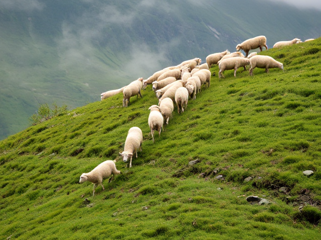 A pack of sheep climbing a green grass mountain