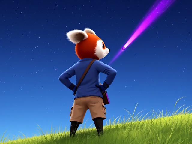 A back shot of A stylized red panda character named Pilo looking over his shoulder, standing confidently on a grassy hillside under a starry sky with a vivid purple comet streaking across it. Pilo has oversized, floppy ears and expressive eyes, wearing a blue long sleved adventuring shirt and beige cargo shorts and blue gloves. He stands with both hands on his hips in a proud, curious pose (arms arched outward like '>'). Next to him or slung to his side is a futuristic holo book with a glowing purple cover and a blue orb embedded in the center. The book emits a faint bluish glow, hinting at hidden knowledge. The setting is bright and open, with soft wind blowing through the grass, and the sky dominates the background. Fantasy-sci-fi blend, whimsical and adventurous tone, highly detailed, painterly style, cinematic lighting.