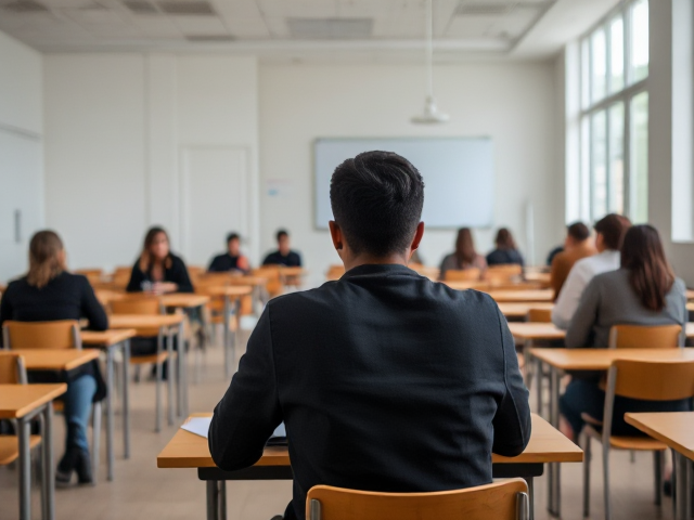 Un étudiant noir assis à un bureau, dans une salle de classe lumineuse et moderne avec des tables et des chaises en bois, des fenêtres grandes laissant entrer beaucoup de lumière naturelle, un tableau blanc au mur, d'autres étudiants concentrés autour