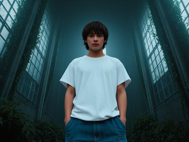 Sceencap of a Maori, European, 18 year old male, with greyish blue eyes, shaggy wavy hair, with wavy brown shaggy bangs, silver eyebrow piercing, and cross piercing on left ear, wearing a white baggy t-shirt, blue baggy jeans, and brown leather boots., wide angle, full body portrait