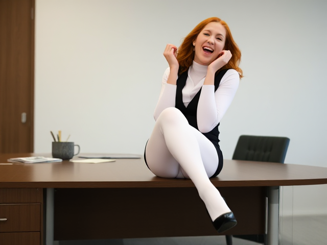 Beautiful ginger lady in white stockings, black heels and a black vest laughing hysterically on an office table