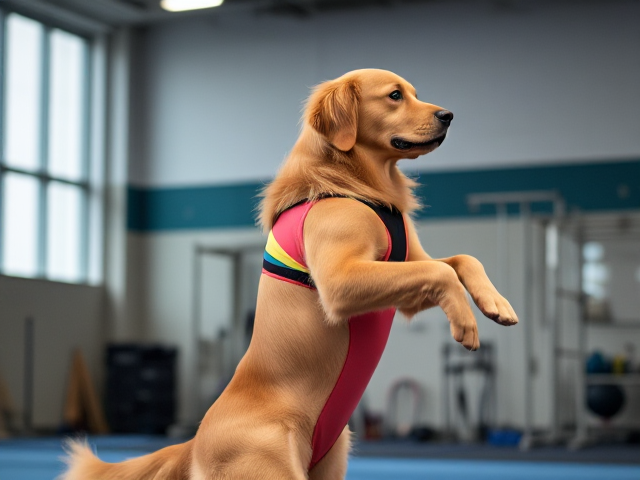 Golden retriever performing gymnastics in a colorful leotard, strong and athletic posture, inside a gymnasium setting with gym equipment in the background