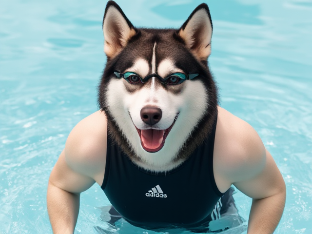 A anthropomorphic Siberian husky wearing an adidas swimsuit and swimming goggles