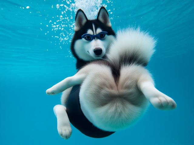 A anthropomorphic Siberian Husky wearing a neoprene swimsuit and goggles showing off her tail and hips underwater