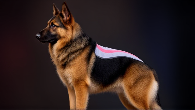 Long-haired German Shepherd wearing a gymnastics leotard, standing tall, detailed and vibrant background