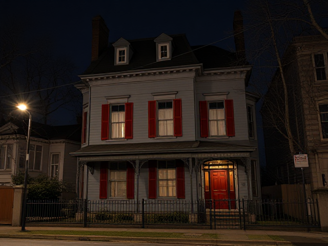A grey big Victorian era house house with red shutters in an old nice small suburb town on a side street