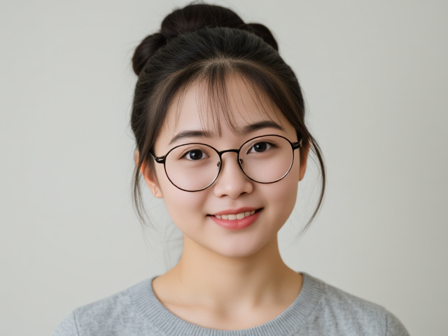 A cute  Chinese girl  in 23 age with rounded glass that she wears a head bun