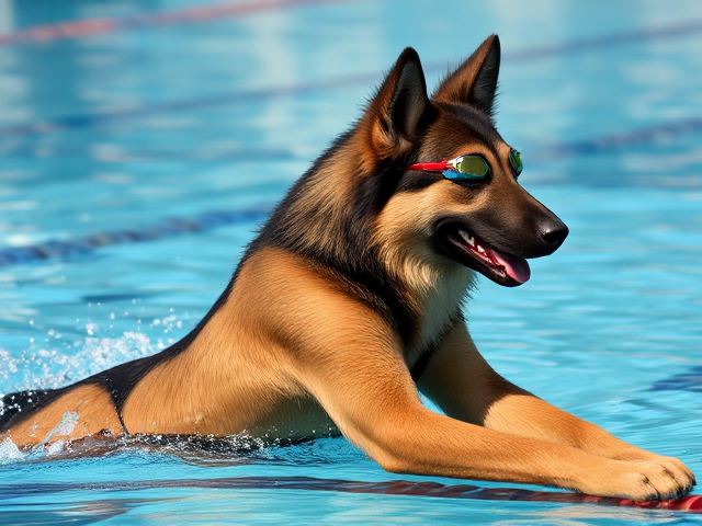 A anthropomorphic long haired German shepherd Olympic swimmer with a long torso, stretching while wearing a one piece swimsuit and swimming goggles