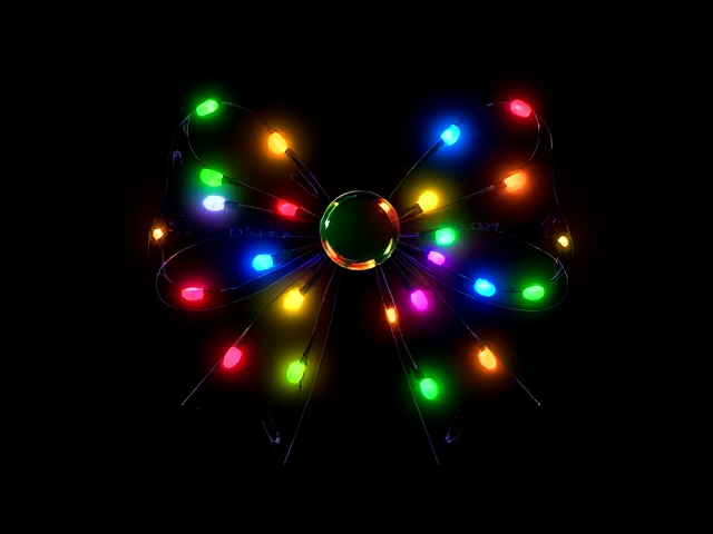 Handrawn Clipart bow, made of Christmas lights. Colorful Luminescent, isolated on a black background