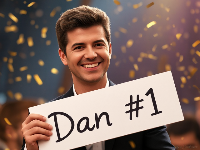Simon Cowell smiling and holding a sign that says "Dan #1" there is golden confetti