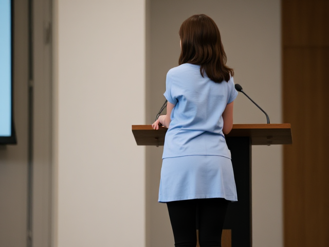 Brunette female , wearing a light blue t-shirt and skirt of the same shade, black leggings,   speaking at a podium full body view