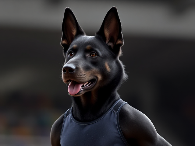 A anthropomorphic black German shepherd Olympic gymnast wearing a leotard