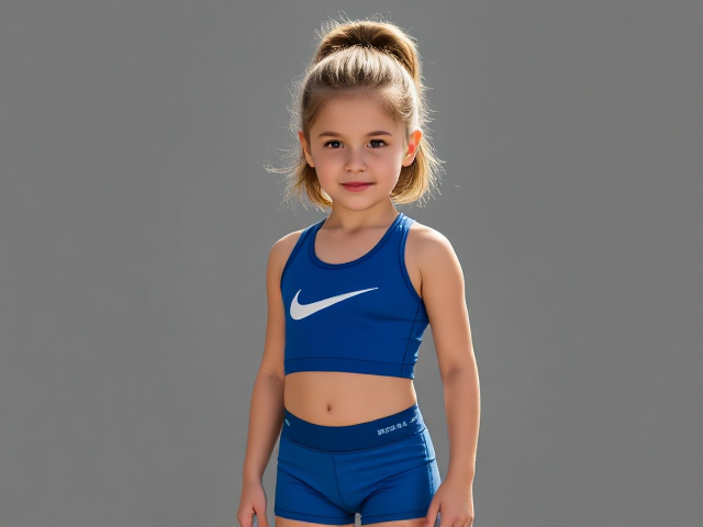 Small girl wearing blue Nike pro Lycra shorts and sports crop top