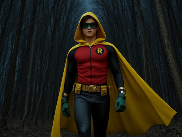 Dramatic and Chilling Movie scene: A young, Autistic 25-year old boy with light skin and brown hair named T.J. Granger, but dressed as a new version of Robin, The Boy Wonder, with an extremely muscular body, wearing a sleek black long-sleeved bodysuit with a red torso with a black circle with a yellow R symbol on his left pectoral, a golden utility belt with a circular buckle with yellow pouches attached to it that hold all of his unique gadgets, green boots, green long-cuffed gloves, a really big, toe-length long, ultra-wide yellow hooded cape wreathed around his neck that drapes around his body, and a green eye mask that protects his true identity, now known as Robin, The Phantom Of The Night. He is currently finding himself walking through the withered forest of a dark and mysterious dimension under an eternal night, looking around at his new haunted surroundings as he tries to figure out how he got there.