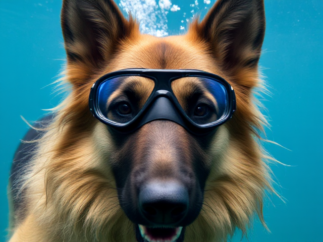Anthropomorphic German shepherd with long hair, wearing freediving goggles, face tinted blue from holding breath too long, underwater setting, detailed fur and expression