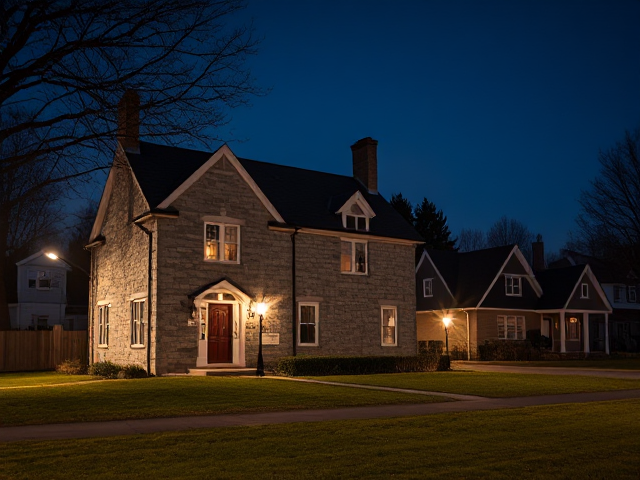 A grey stone big house  in a small suburb town with 1970 cape cod houses next to it at night