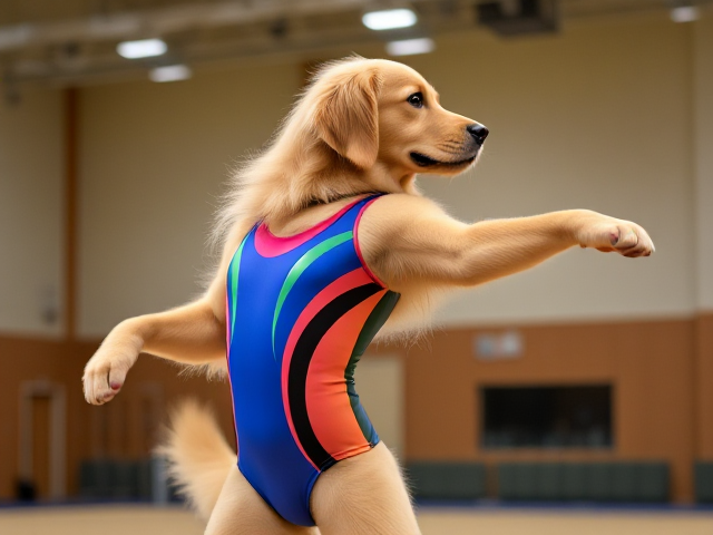 Anthropomorphic golden retriever wearing a colorful gymnastics leotard, performing in a gymnasium with dynamic poses, detailed fur and expression