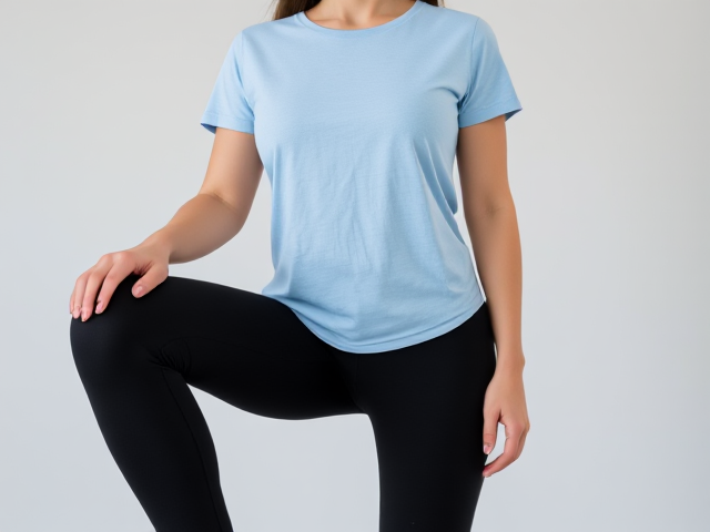 Brunette wearing a light blue t shirt knee length and black yoga pants