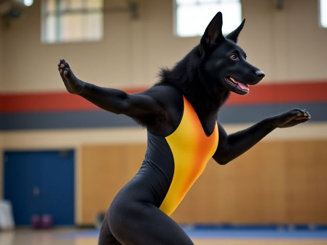 Anthropomorphic black German shepherd in a colorful gymnastics leotard performing in a gymnasium, dynamic pose, detailed fur, vivid colors, expressive eyes