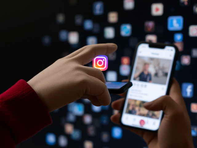 fait moi une image représentant une manipulation des réseau sociaux avec une main marionnette sur un téléphone ou une personne regarde instagrame