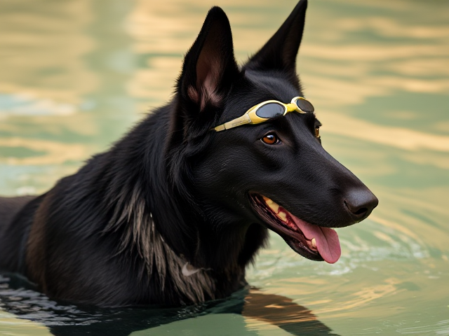Anthropomorphic black German shepherd,wearing a Nike swimsuit and swimming goggles