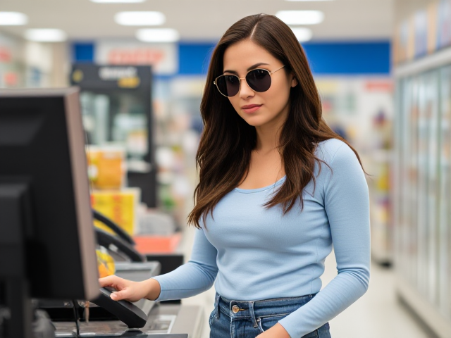 Actress brunette with dark brown hair wearing a light blue long sleeve top and jeans in a convenience store checkout( sunglasses)