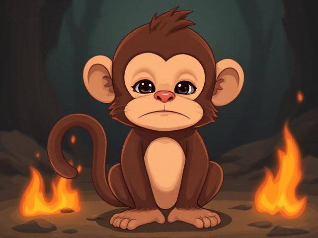 Can you give me a cartoon cute monkey with a sad face but his butt is on fire