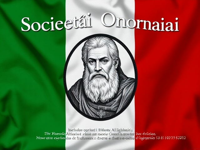Poster with the text 'Società Onoraria Italica'. The background should be the italian flag. Include a large image of Dante Alighieri and other italian cultural aspects