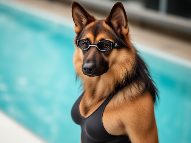 Anthropomorphic German shepherd with long hair, athletic build, wearing a sleek swimsuit and goggles, posing confidently