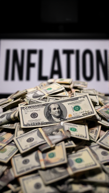 A pile of U.S. fiat currency. A big sign that says "INFLATION" behind it.