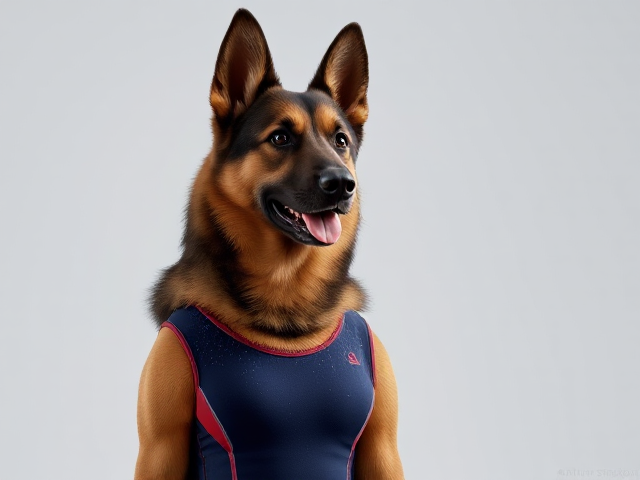 A German shepherd Olympic gymnast wearing a leotard