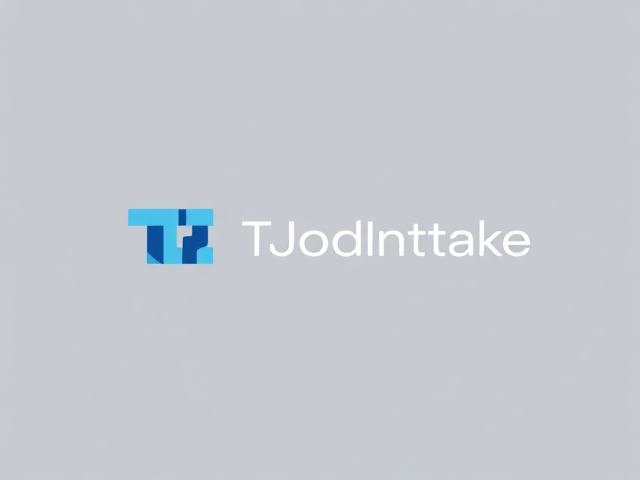 A modern, abstract logo combining the letters 'T', 'J', and 'I' for 'TechJobsIntake'. The design features a clever monogram with interlocking or overlapping letters, forming a unique and recognizable shape. It has a minimalist and geometric style, with clean lines and a flat design, avoiding any intricate details. The color scheme is limited to shades of blue and gray, emphasizing a tech and professional aesthetic. The logo should look sleek, elegant, and balanced without additional text, focusing entirely on the artistic integration of the three letters.