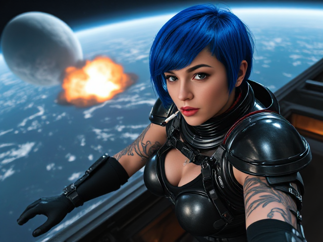 25 years, Young, nymph face tattoo Goth Space girl, royal blue short hair, robotic armour armor suit, tattoos, jumping out of a battleships, shiny black planet in background, giant blasts explosions at a distance, hyperrealistic, 4K, cigarette in mouth