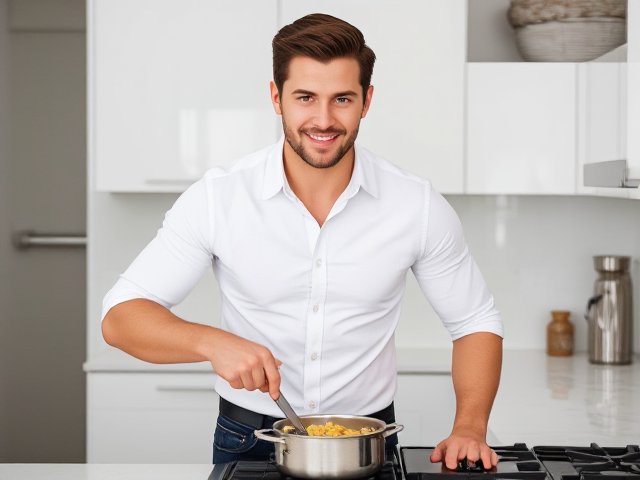 A handsome man in his early 30s is standing in a sleek, modern kitchen, cooking pasta on the stove. He has short, neatly styled dark brown hair with a slight wave, and his strong jawline is softened by a trimmed beard. He's wearing a fitted white button-down shirt with the sleeves rolled up, paired with dark blue jeans. His muscular arms are visible as he stirs the pot, and his intense blue eyes lock with the viewer's gaze, giving a warm, inviting smile. The kitchen is bright and stylish with marble countertops.