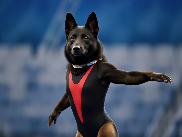 A anthropomorphic black German shepherd Olympic gymnast wearing a leotard